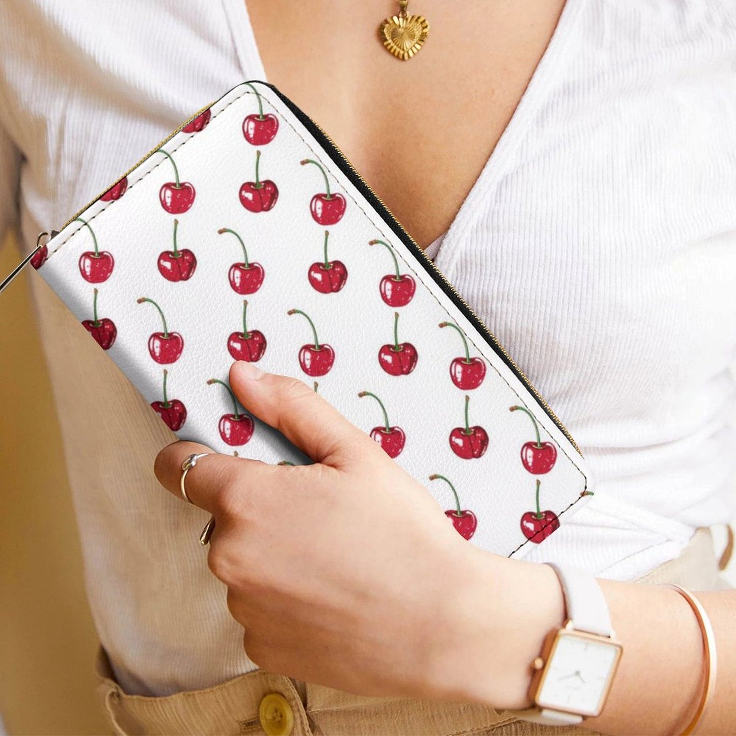 Cherry Leather Wallet Women, White Red Fruit Vegan Zipper Zip Around Coins Credit Cards Pocket Cash Ladies Female Slim Clutch Purse