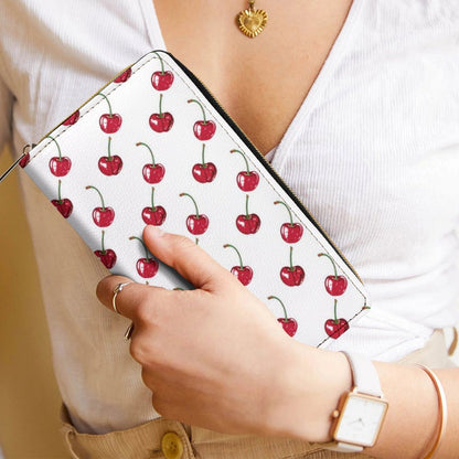 Cherry Leather Wallet Women, White Red Fruit Vegan Zipper Zip Around Coins Credit Cards Pocket Cash Ladies Female Slim Clutch Purse