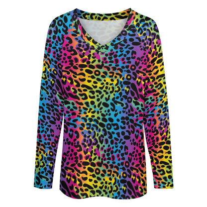 Rainbow Leopard Women Long Sleeve Tshirt loose fit, Animal Print Vibrant Relaxed V-neck Designer Aesthetic Ladies Female Tee Top Shirt - Starcove Fashion