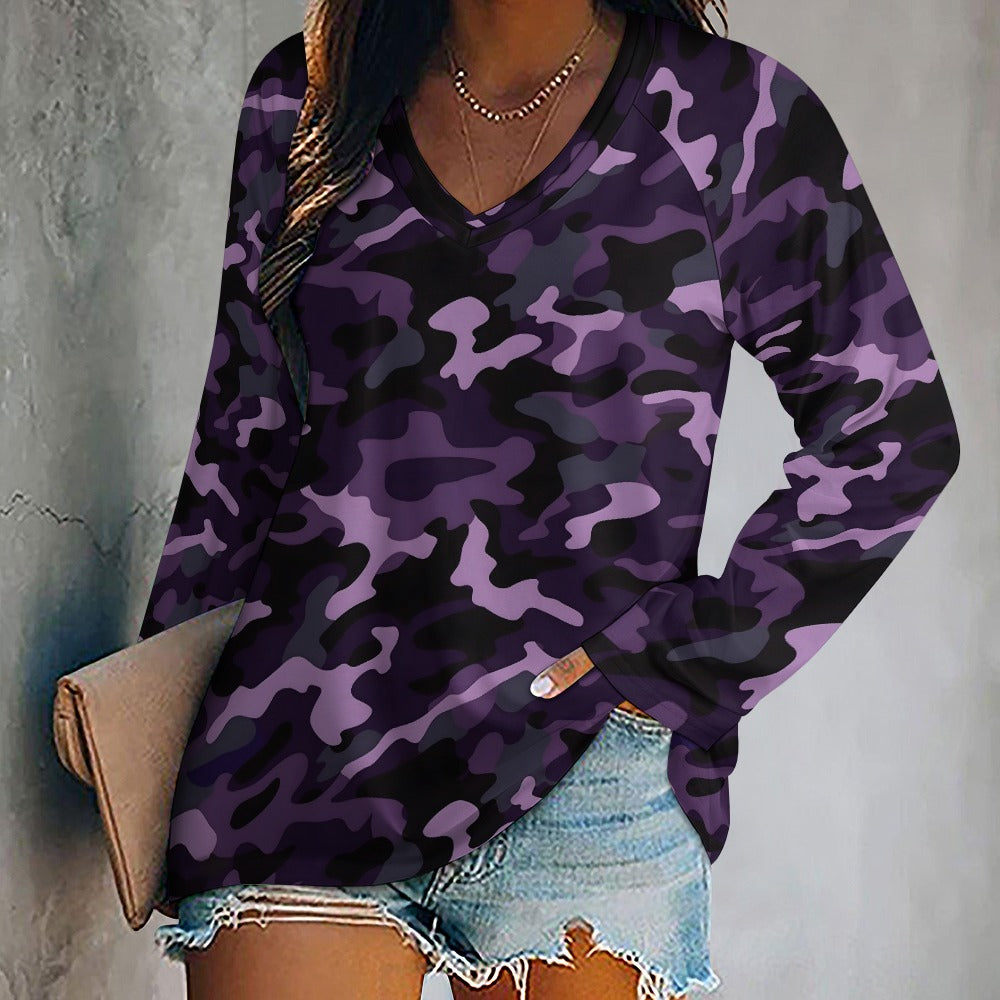 Purple Camo Women Long Sleeve Tshirt loose fit, Camouflage Relaxed V-neck Designer Graphic Aesthetic Ladies Female Tee Top Shirt Streetwear - Starcove Fashion