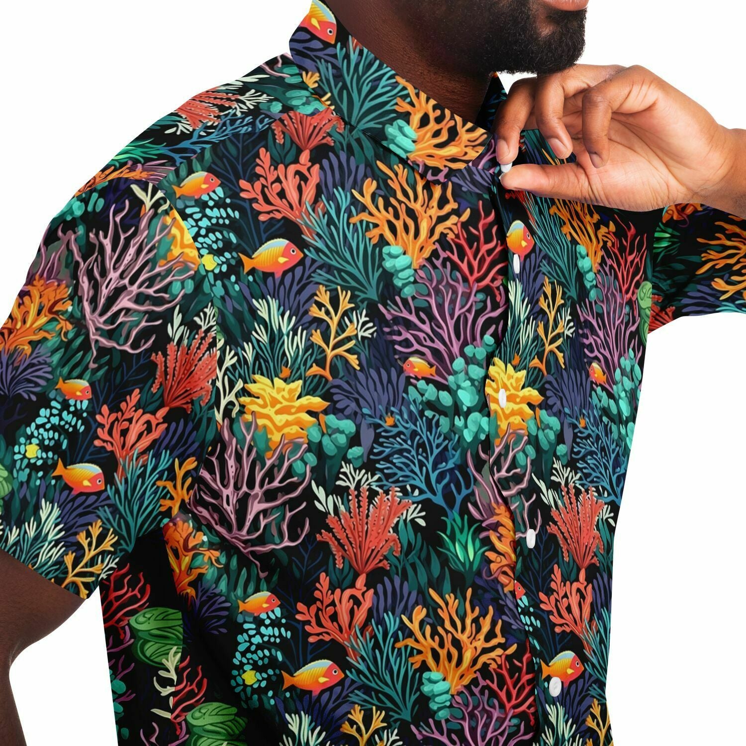 Coral Reef Short Sleeve Men Button Up Shirt, Sea Ocean Beach Tropical Fish Print Casual Buttoned Down Summer Collared Dress Shirt Starcove Fashion
