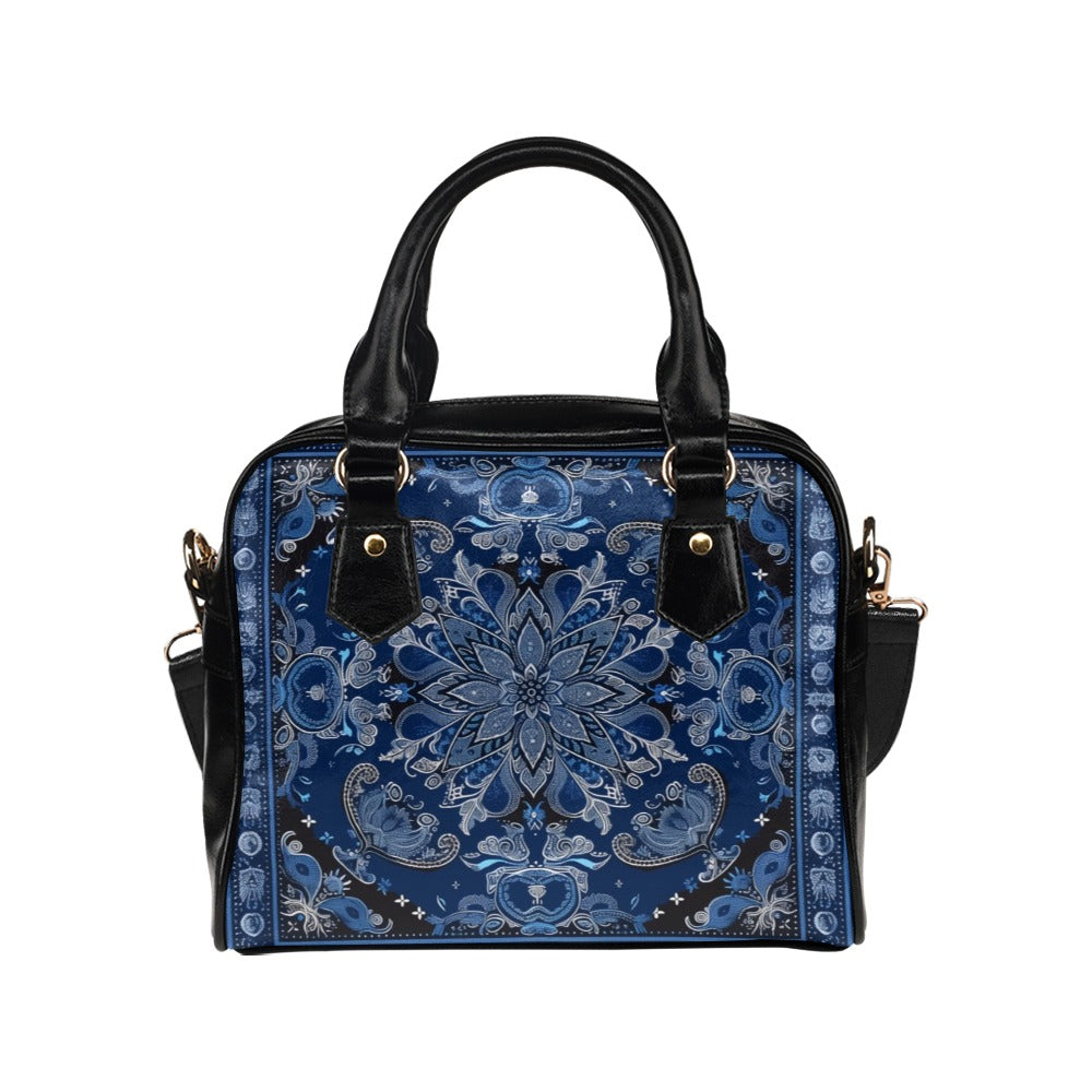 Blue Black Bandana Print Purse, Paisley Women Pattern Cute Small Shoulder Bag Vegan Leather Designer Ladies Handbag Crossbody