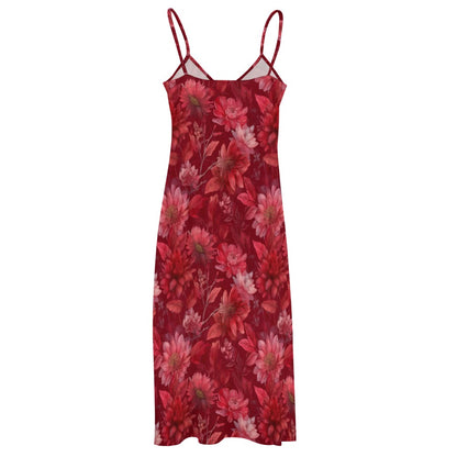 Red Floral Maxi Dress, Flowers Long Spaghetti Straps Flowy Women Sleeveless Casual Cute Designer Elegant Plus Size Cocktail Party Summer