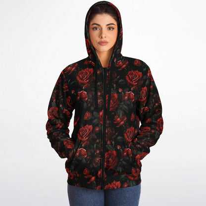 Red Roses Zip Up Fleece Lined Hoodie, Floral Flowers Sherpa Heavyweight Full Zipper Pocket Men Women Unisex Graphic Hooded Sweatshirt Jacket