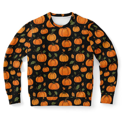 Pumpkins Sweatshirt, Fall Autumn Leaves Halloween Graphic Crewneck Cotton Sweater Jumper Pullover Men Women Adult Aesthetic Designer Top