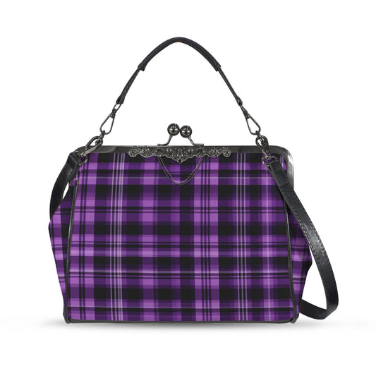 Purple Kiss Lock Purse Handbag, Plaid Tartan Print Vegan Leather Vintage Designer Shoulder Crossbody Top Handle Clasp Bag