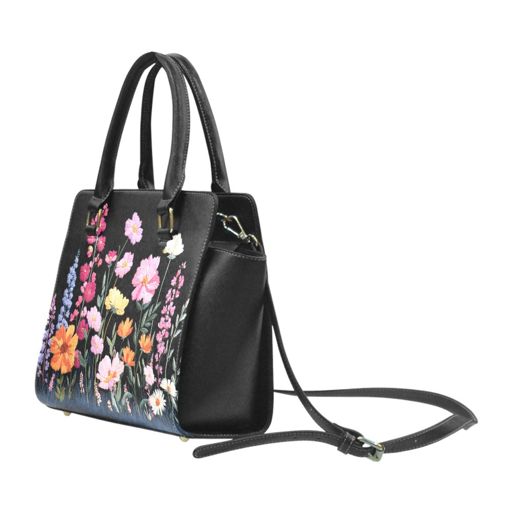Floral Purse Handbag, Pink Purple Flowers Faux Embroidery Vegan Leather Designer Women Ladies Female Tote Top Zip Handle Bag Shoulder Strap