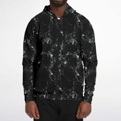 Black Galaxy Zip Up Hoodie, Space Stars Universe Full Zipper Pocket Men Women Unisex Adult Aesthetic Graphic Cotton Fleece Hooded Sweatshirt