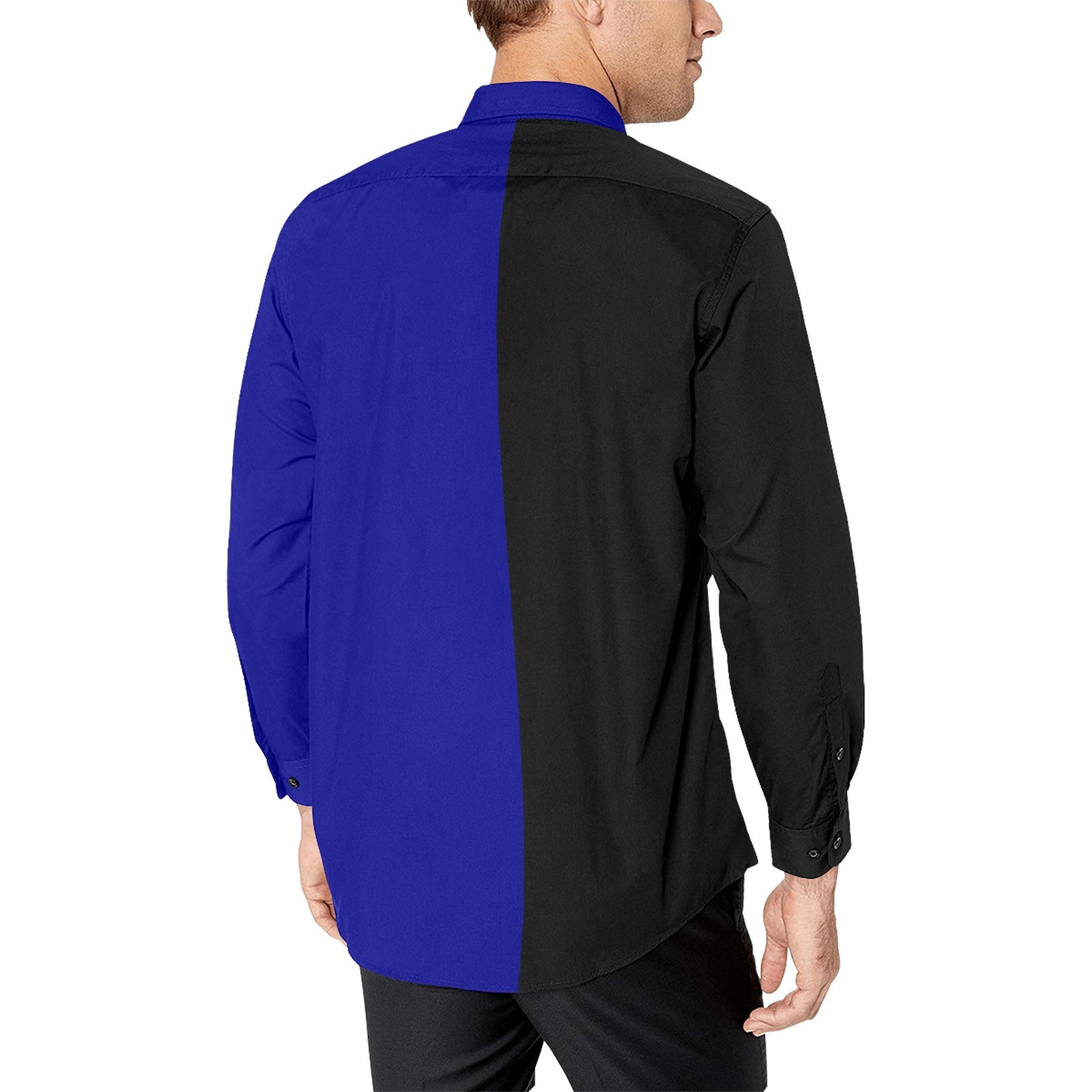 Half Black Half Blue Long Sleeve Men Button Up Shirt, Color Block Split Two Tone Combo Print Buttoned Collared Dress Shirt Chest Pocket