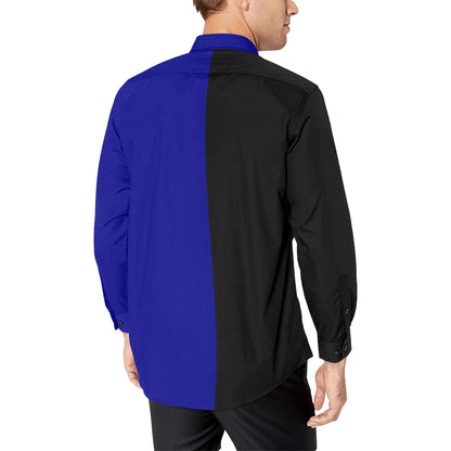 Half Black Half Blue Long Sleeve Men Button Up Shirt, Color Block Split Two Tone Combo Print Buttoned Collared Dress Shirt Chest Pocket