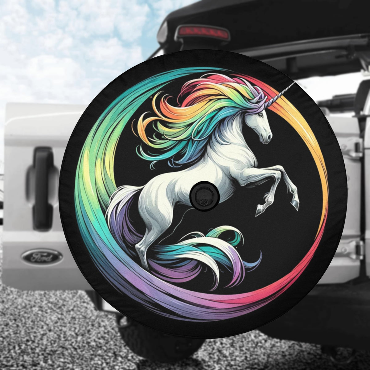 Unicorn Horse Spare Tire Cover, Rainbow Cool Backup Camera Hole Rear Spare Extra Wheel Unique RV Back Cars RV Men Women Trailer Campers - Starcove Fashion