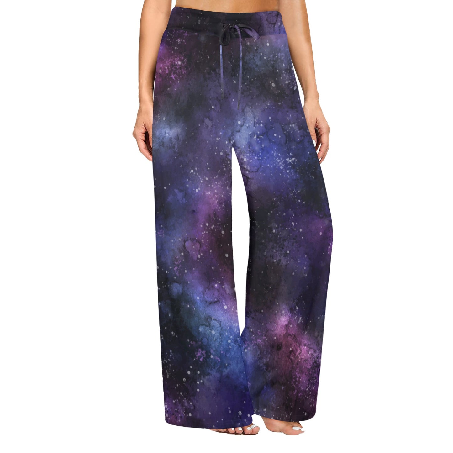 Galaxy Stars Women Wide Leg Pants Pockets, Space Purple Universe Print Yoga Trousers High Waisted Ladies Comfy Drawstring Lounge Flowy