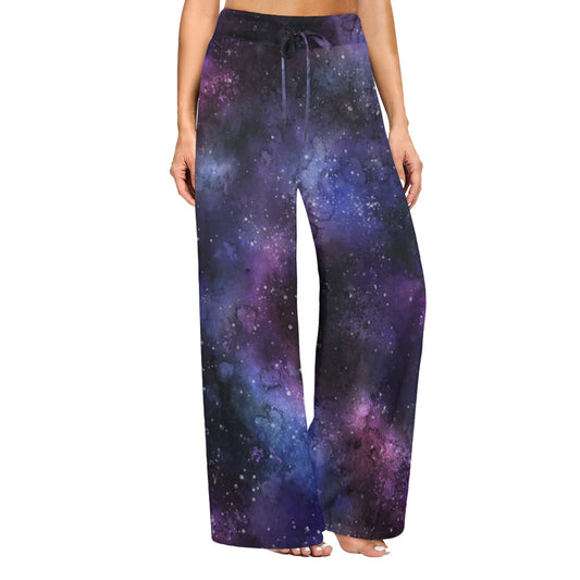 Galaxy Stars Women Wide Leg Pants Pockets, Space Purple Universe Print Yoga Trousers High Waisted Ladies Comfy Drawstring Lounge Flowy