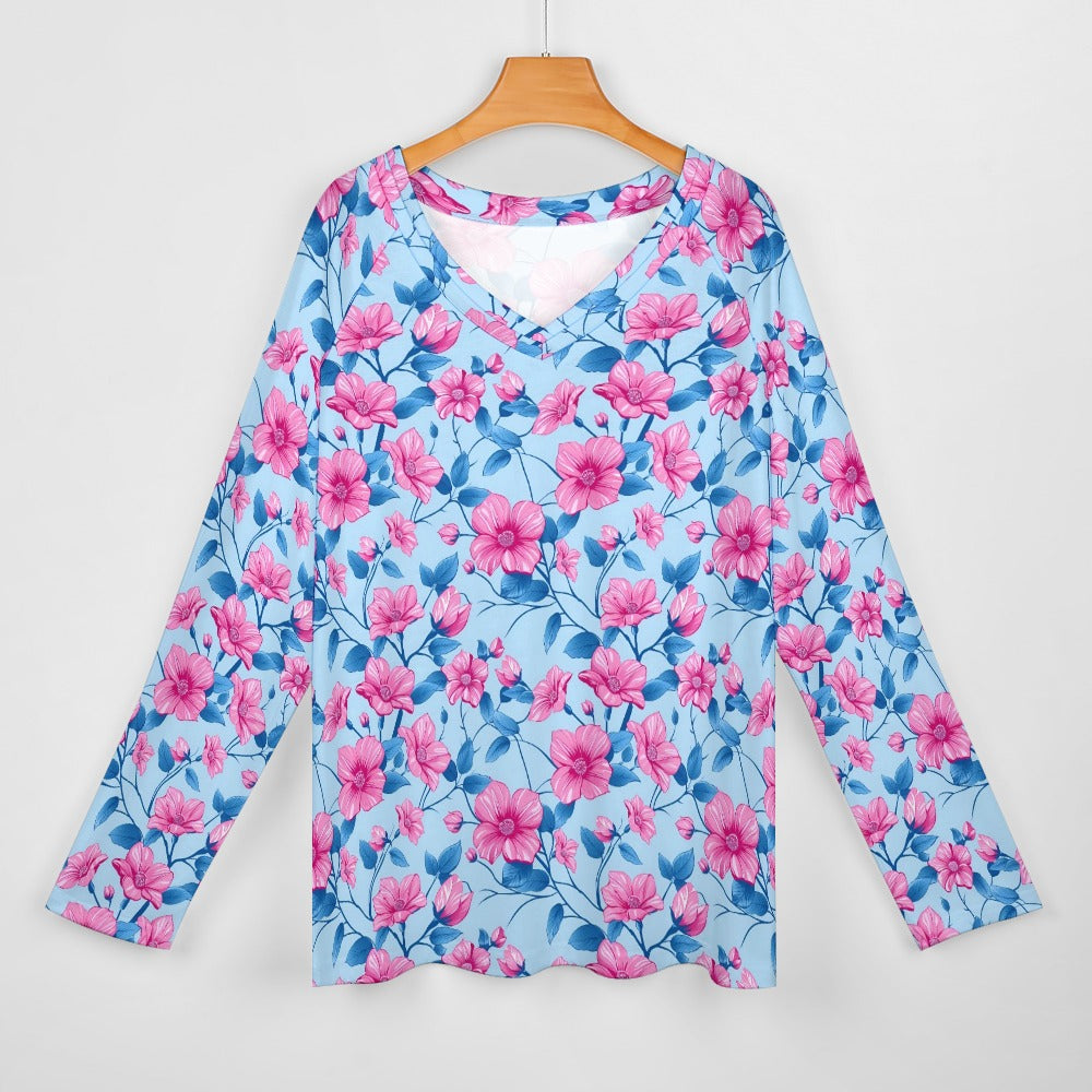 Pink Blue Floral Women Long Sleeve Tshirt loose fit, Flowers Botanical Relaxed V-neck Designer Graphic Aesthetic Ladies Female Tee Top Shirt - Starcove Fashion