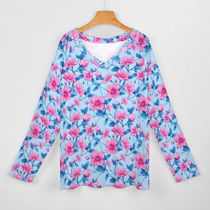 Pink Blue Floral Women Long Sleeve Tshirt loose fit, Flowers Botanical Relaxed V-neck Designer Graphic Aesthetic Ladies Female Tee Top Shirt - Starcove Fashion
