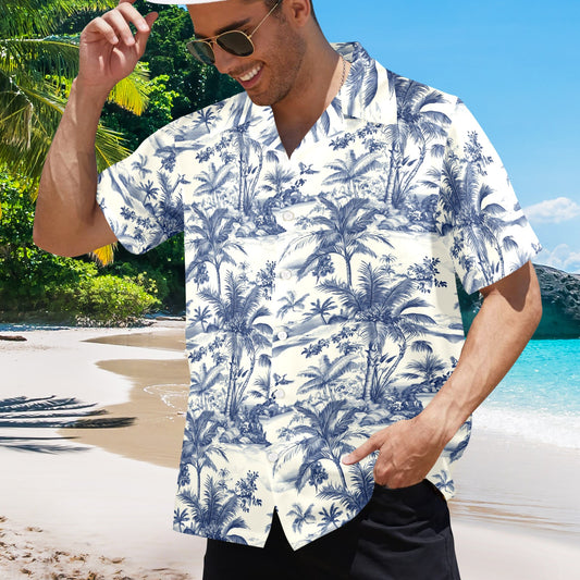 Vintage Tropical Island Men Hawaiian shirt, Palm Trees Blue Floral Designer V Neck Aloha Hawaii Retro Beach Plus Size Guys Male Button Down