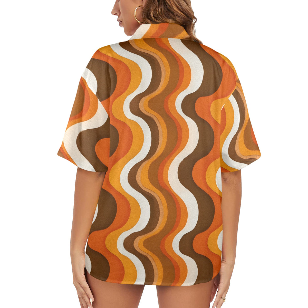 70s Wavy Stripe Women Hawaiian shirt, Retro Vintage Summer Tropical Print Vintage Retro Hawaii Aloha Button Up Down Plus Size Ladies Blouse
