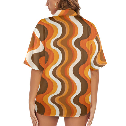70s Wavy Stripe Women Hawaiian shirt, Retro Vintage Summer Tropical Print Vintage Retro Hawaii Aloha Button Up Down Plus Size Ladies Blouse