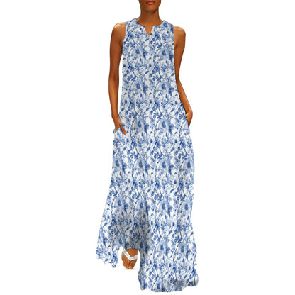 Blue White Floral Maxi Sleeveless Dress, Flowers Party Handmade A Line Women Ladies Cocktail Pockets Long Plus Size - Starcove Fashion
