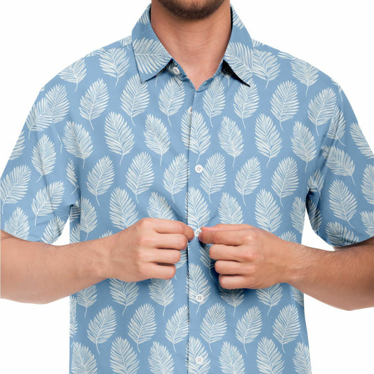 Light Blue Men Button Up Shirt, Palm Tree Leaf White Short Sleeve Print Casual Buttoned Down Summer Male Guys Collared Designer Dress