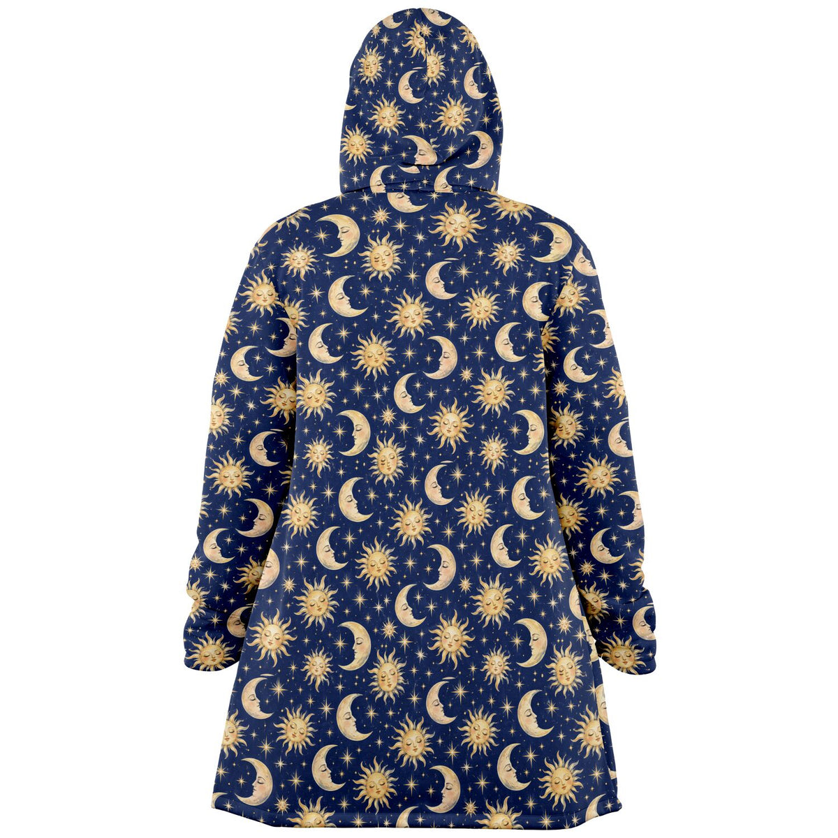 Sun Moon Hooded Cloak, Blue Navy Celestial Cosmic Space Coat Men Women Ladies Winter Warm Mink Fleece Blanket Robe Wearable Cape Pockets