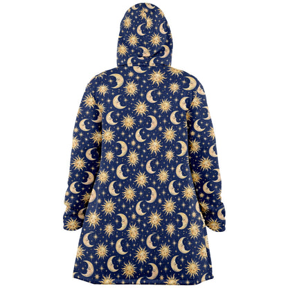 Sun Moon Hooded Cloak, Blue Navy Celestial Cosmic Space Coat Men Women Ladies Winter Warm Mink Fleece Blanket Robe Wearable Cape Pockets