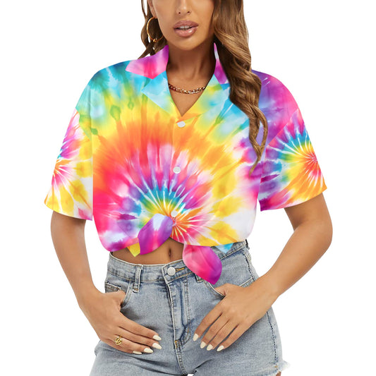 Colorful Tie Dye Women Hawaiian shirt, Pink Blue Art Vibrant Summer Print Vintage Retro Hawaii Aloha Button Up Down Plus Size Ladies Blouse