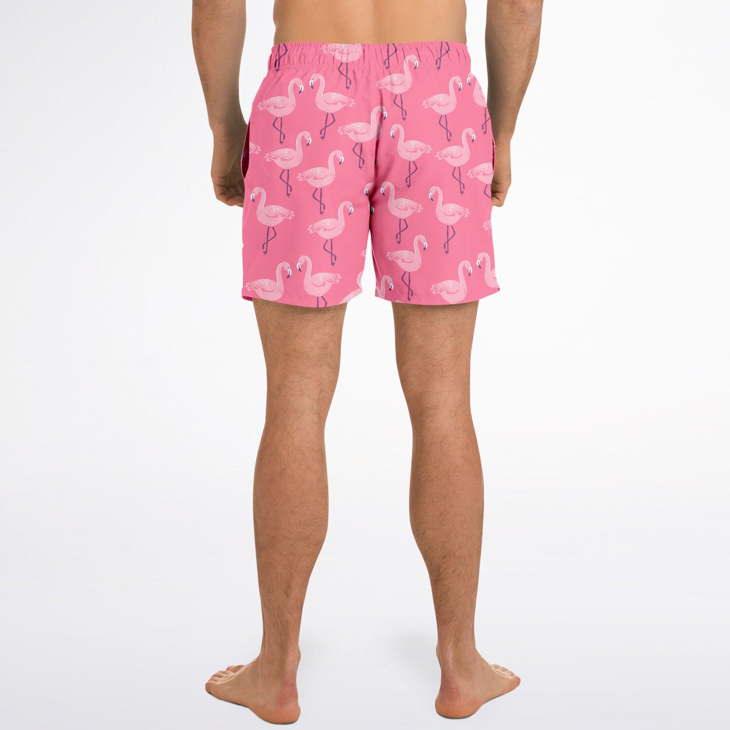 Pink Flamingo Men Swim Trunks, Bird Shorts Beach Surf Swimwear Male Front Pockets Mesh Lining Drawstring Bathing Suit Board Summer