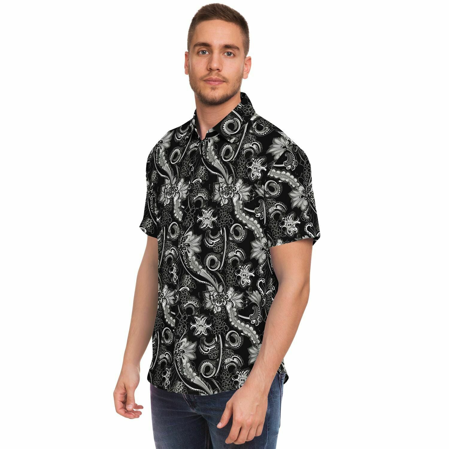 Black Paisley Men Button Down Shirt, Bandana Floral Short Sleeve Casual Print Buttoned Up Collar Plus Size Beach Casual Dress Shirt 4XL Black Paisley Men Button Down Shirt, Bandana Floral Short Sleeve Casual Print Buttoned Up Collar Plus Size Beach Casual Dress Shirt 4XL
