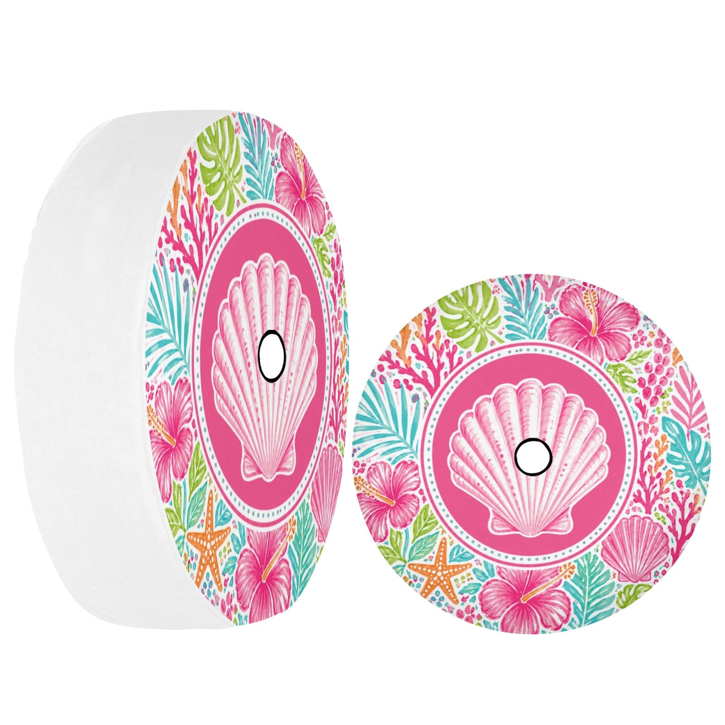 Pink Beach Spare Tire Cover, Sea Shell Ocean Coral Hibiscus White Tropical Wheel Backup Camera Hole Camping RV Back Women Trailer Waterproof - Starcove Fashion