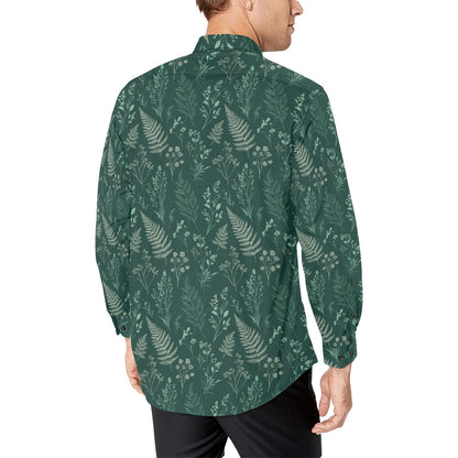 Dark Green Long Sleeve Men Button Up Shirt, Forest Fern Leaf Nature Outdoor Print Casual Dress Buttoned Collar Chest Pocket Lightweight Male - Starcove Fashion