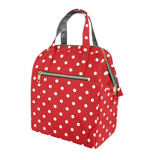 Red Polka Dot Insulated Lunch Box Bag Tote, White Retro Vintage Cute Food Container Adult Kids Women Teens Men School Work Handbag