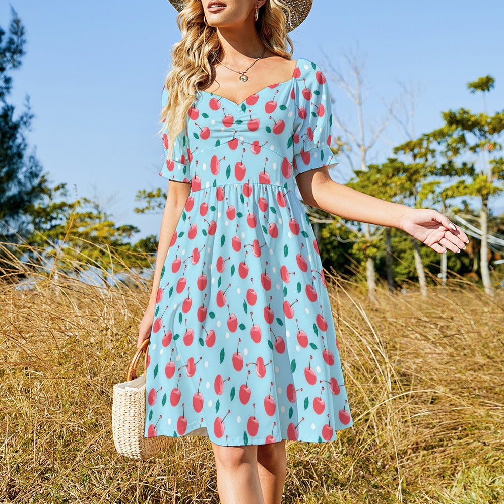 Red Cherry Print Midi Dress, Blue Summer Fruit Short Sleeve Women Casual Cute Designer Flare Elegant Plus Size Dress S / White Red Cherry Print Midi Dress, Blue Summer Fruit Short Sleeve Women Casual Cute Designer Flare Elegant Plus Size Dress S / White