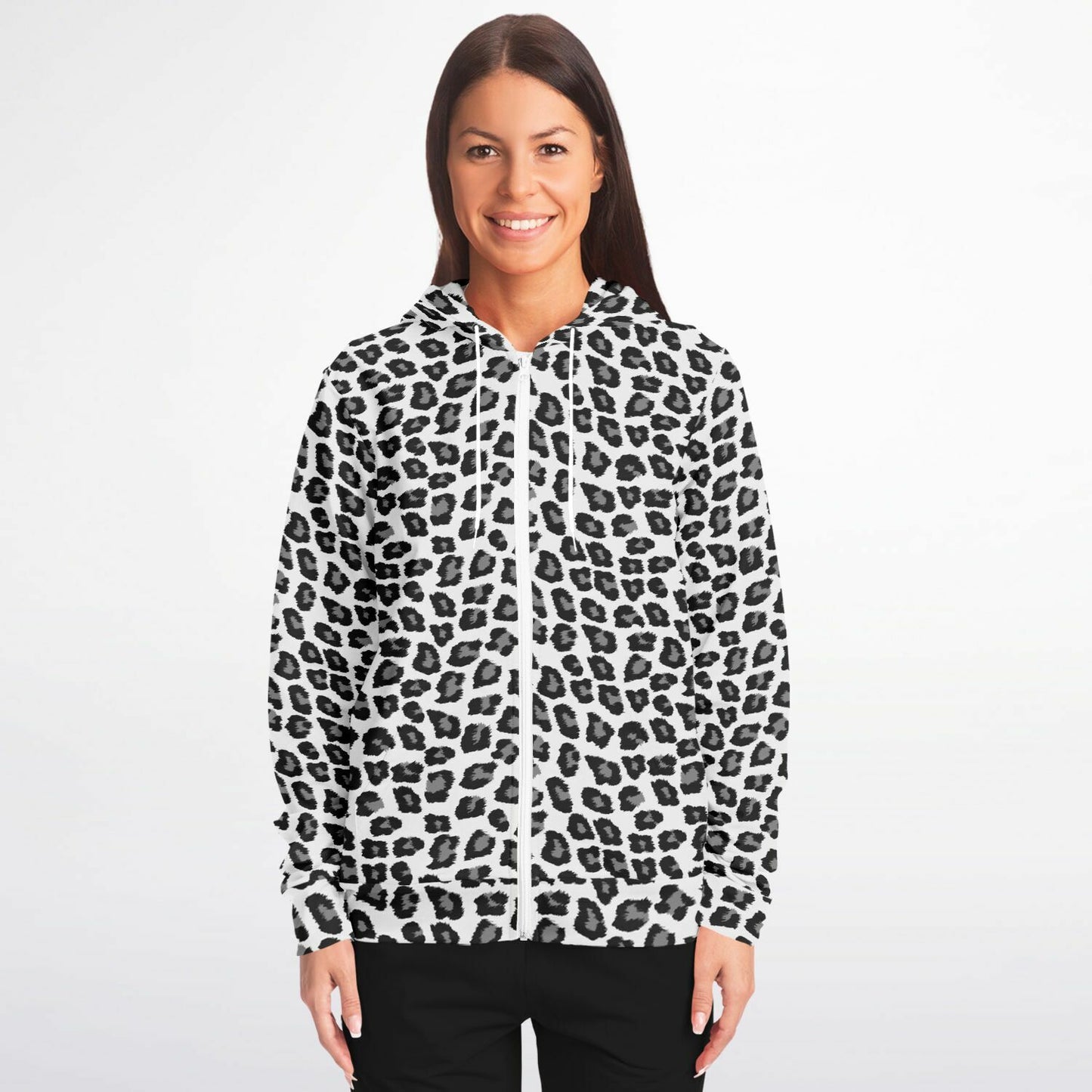 Snow Leopard Zip Up Hoodie, Black White Animal Print Full Zipper Pocket Men Women Unisex Adult Graphic Cotton Fleece Hooded Sweatshirt