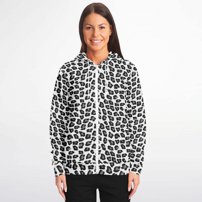 Snow Leopard Zip Up Hoodie, Black White Animal Print Full Zipper Pocket Men Women Unisex Adult Graphic Cotton Fleece Hooded Sweatshirt
