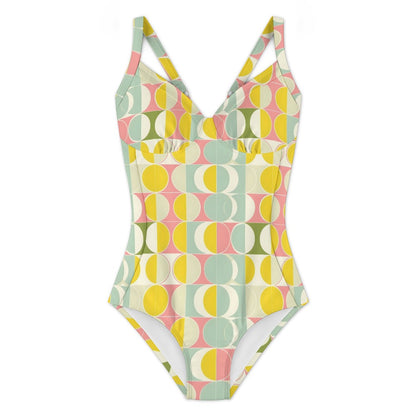 Mid Century Modern One Piece Swimsuit Women, Geometric Retro Vintage Cute Designer Swim Swimming Sexy Bathing Suits Body Ladies Swimwear
