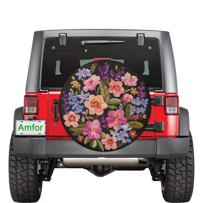 Pink Blue Flowers Spare Tire Cover, Purple Coral Floral Faux Embroidery Printed Floral Wheel Unique Backup Camera Hole Trailer Back Women RV