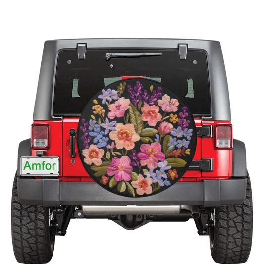 Pink Blue Flowers Spare Tire Cover, Purple Coral Floral Faux Embroidery Printed Floral Wheel Unique Backup Camera Hole Trailer Back Women RV