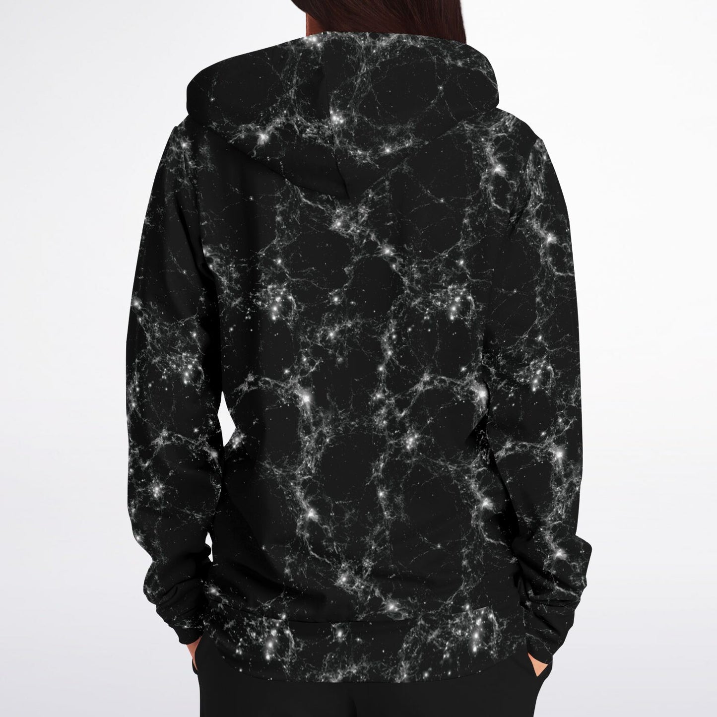 Black Galaxy Zip Up Hoodie, Space Stars Universe Full Zipper Pocket Men Women Unisex Adult Aesthetic Graphic Cotton Fleece Hooded Sweatshirt