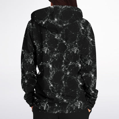 Black Galaxy Zip Up Hoodie, Space Stars Universe Full Zipper Pocket Men Women Unisex Adult Aesthetic Graphic Cotton Fleece Hooded Sweatshirt