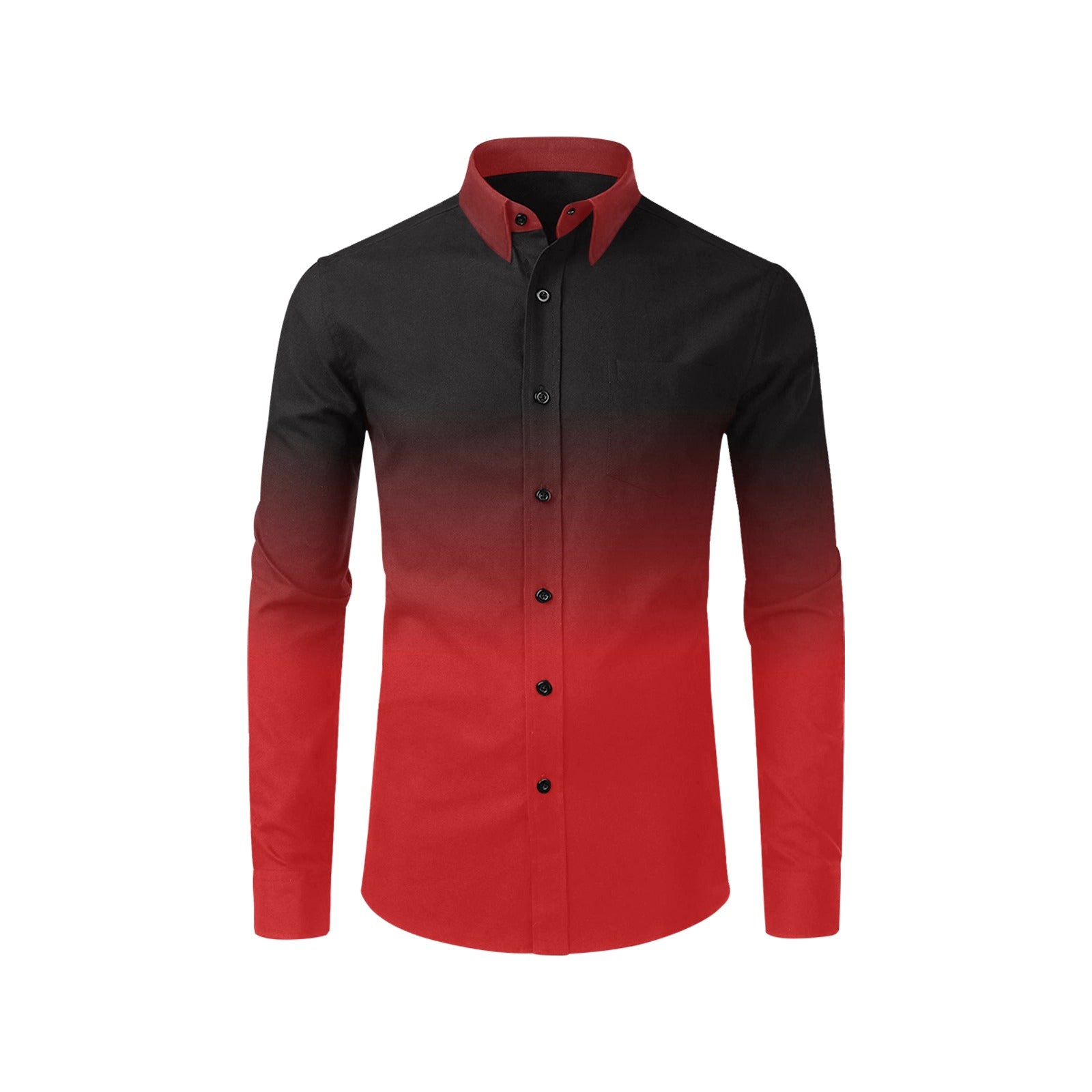 Black Red Ombre Long Sleeve Men Button Up Shirt, Gradient Tie Dye Two Tone Print Buttoned Collar Casual Dress Shirt Chest Pocket Plus Size 5XL Black Red Ombre Long Sleeve Men Button Up Shirt, Gradient Tie Dye Two Tone Print Buttoned Collar Casual Dress Shirt Chest Pocket Plus Size 5XL
