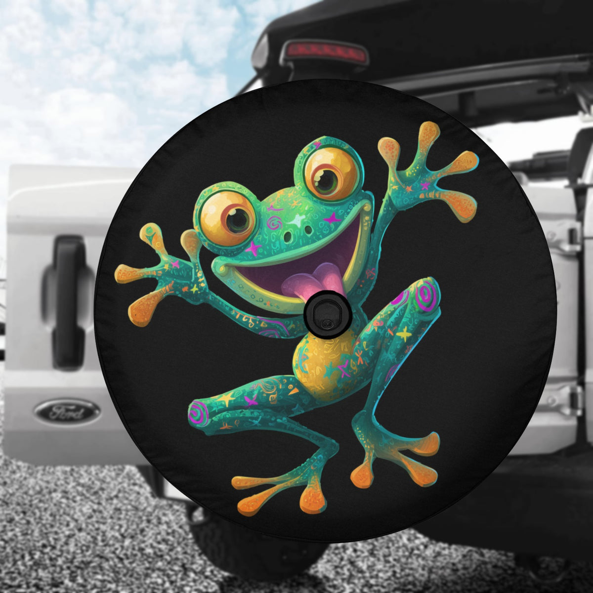 Funny Frog Spare Tire Cover, Goofy Green Retro Black Wheel Auto Back Up Camera Hole Rear Unique Design Funny Spare RV Trailer Camper