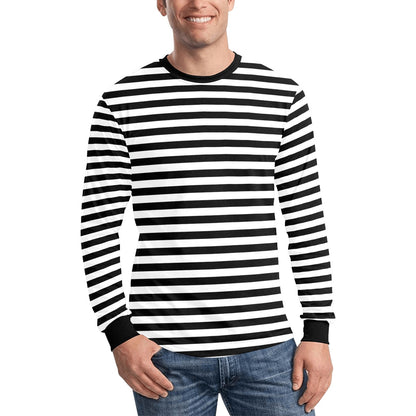 Black White Striped Men Long Sleeve Striped TShirt, Graphic Vintage Eboy Skater Retro Thin Stripes Crewneck Unisex Women Designer Tee - Starcove Fashion