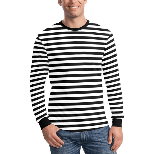 Black White Striped Men Long Sleeve Striped TShirt, Graphic Vintage Eboy Skater Retro Thin Stripes Crewneck Unisex Women Designer Tee - Starcove Fashion