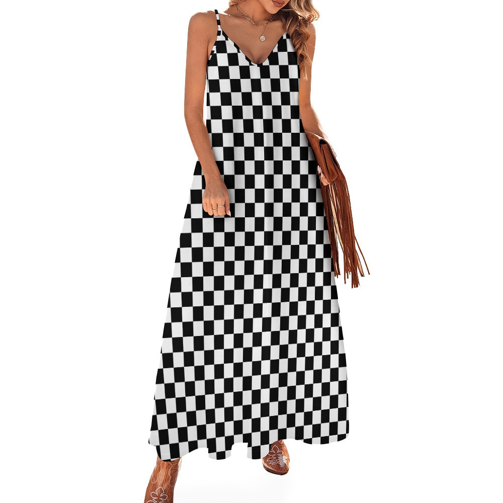 Checkered Maxi Dress, Black White Check Long Spaghetti Straps Flowy Women Sleeveless Casual Designer Elegant Plus Size Cocktail Party Summer