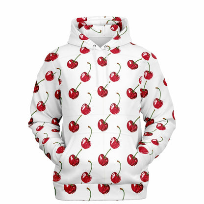 Cherry Hoodie, Red White Fruit Pullover Men Women Adult Aesthetic Graphic Cotton Hooded Sweatshirt with Pockets Designer Plus Size