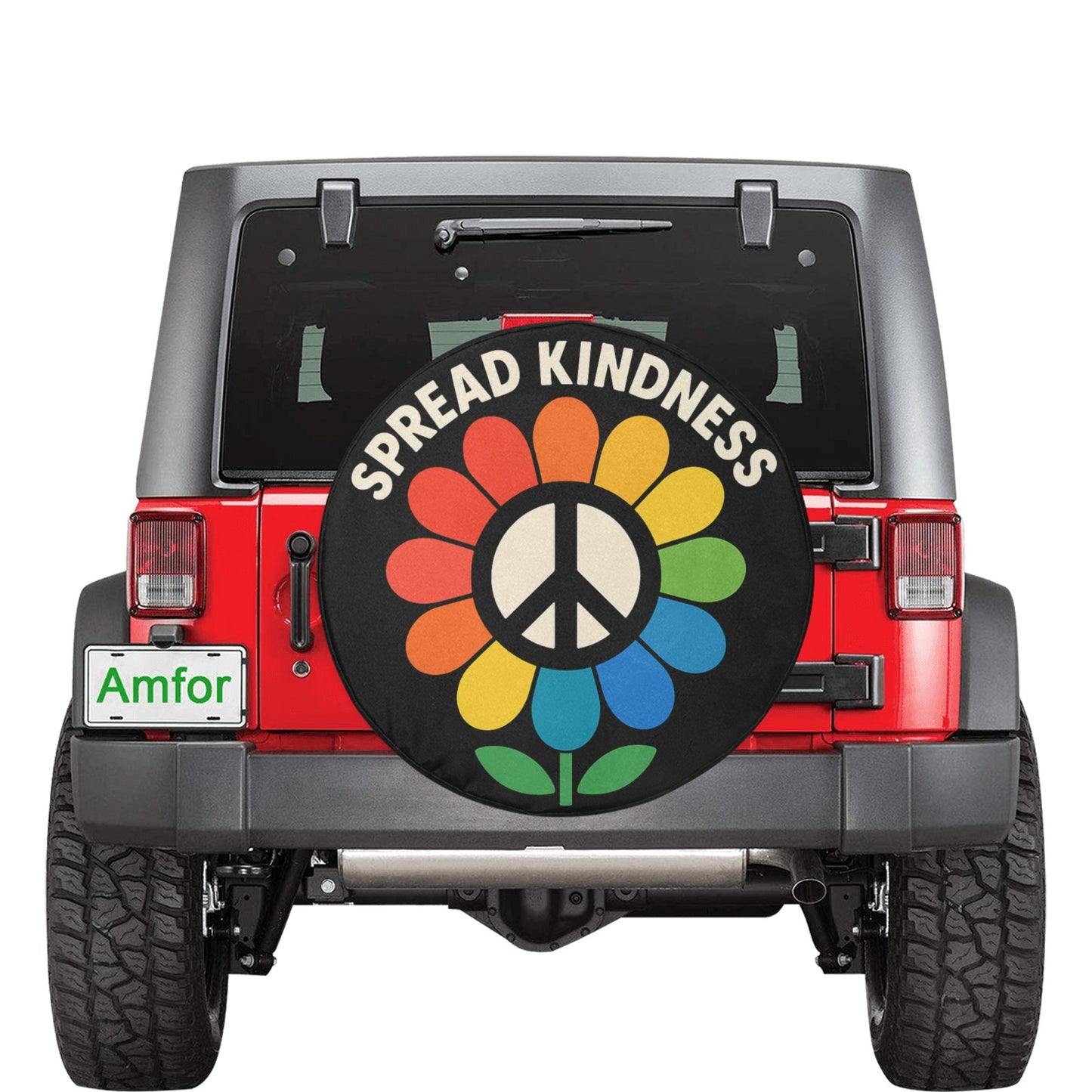 Kindness Spare Tire Cover, Peace Sign Kind 70s Flower Floral Power Hippie Black Wheel Auto Back Up Camera Hole Unique Women Spare RV Trailer