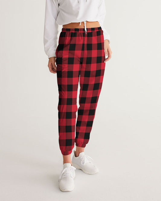 Red Buffalo Plaid Women Track Pants, Check Female Sports Zip Pockets Quick Dry Festival Elastic Waist Windbreaker Tracksuit Joggers Ladies