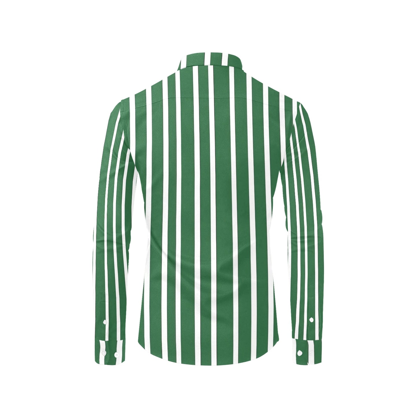 Green White Striped Men Button Up Shirt, Vertical Stripes Long Sleeve Buttoned Down Collar Male Guys Casual Dress Chest Pocket