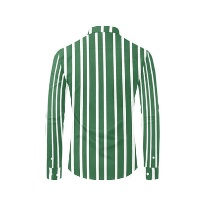 Green White Striped Men Button Up Shirt, Vertical Stripes Long Sleeve Buttoned Down Collar Male Guys Casual Dress Chest Pocket